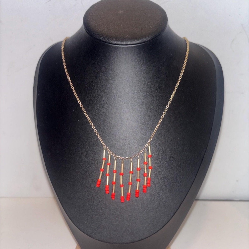 1937 Brand Red Seed Bead Gold Bar Fringe Boho Necklace 22" Art Deco Bib